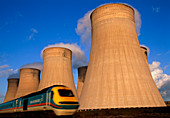 View of cooling towers and high speed train