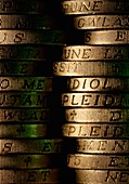 Stack of English one pound coins