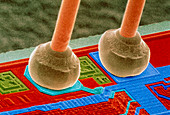 Coloured SEM of integrated circuit micro-wires