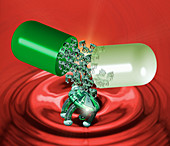 Computer artwork of nanorobots in a drug capsule