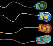 Coloured X-ray of four computer mice