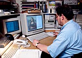 Business man sits at a computer,viewing Mona Lisa