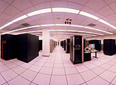 Fish-eye lens view of NERSC's main computing room