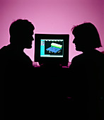 Silhouetted statisticians with a computer 3D graph