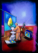 Artwork of advertiser with television and video