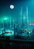 Moon setting over fishing boats in harbour