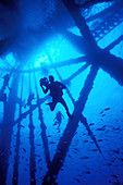 Scuba divers at an oil rig