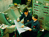 Boring mill operator preparing for machining