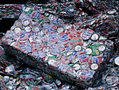 Aluminium drinks cans compacted prior to recycling