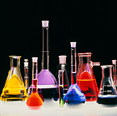 Assortment of laboratory flasks holding solutions