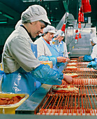Factory workers preparing pizzas on conveyor belt