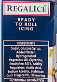 Ingredients label on packet of ready-made icing
