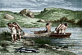 Early humans fishing