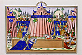 Illuminated manuscript page of medieval jousting