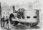 Engraving of a steam-driven road roller