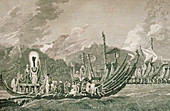 1777 engraving of native ships in Tahiti