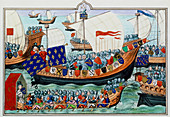 Illuminated manuscript of medieval fleet of ships