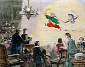 Coloured historical artwork of magic lantern show