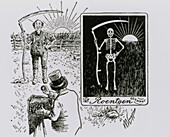 Cartoon of Roentgen taking X-ray of a farmer