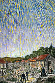 Coloured artwork of Leonid meteor shower of 1833
