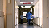Orderly wheeling patient down corridor