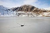 Frozen Stickle Tarn with crack patterns