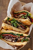 A cloud bread sandwich (carb-free bread) with mushrooms