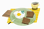 Breakfast with coffee, wholemeal bread and fried egg (illustration)