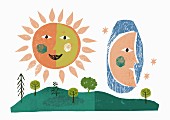 Sonne und Mond über Landschaft (Illustration)