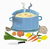 A steaming pot of vegetable soup with ingredients