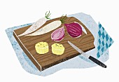Käse, Rettich und Zwiebel als Brotzeit (Illustration)