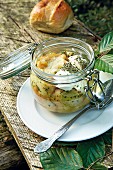 Bread soup in a preserving jar, Hotel Rettelbusch, Hainich, Thuringia, Germany