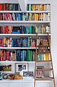 Books sorted by colour on bookshelves with rustic wooden step ladder