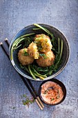 Water spinach with fried rice balls