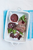 Beef fillet with blue cheese and a cherry Port wine sauce