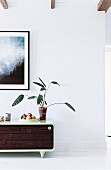 Retro sideboard with houseplant against white wall