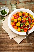 Tomato-infused vegetable stew with polenta croutons