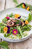 Wild herb salad with squid and wholemeal millet
