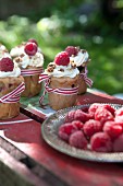 Selbst gemachte Muffins mit Himbeeren und Sahne auf Gartentisch