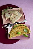 Rice focaccia with herbs and rose petals, piadina with pistachio cream and basil