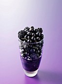 Zutaten für einen Fruchtsaft aus schwarzen Johannisbeeren und Brombeeren im Glas
