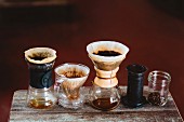 An arrangement of various coffee makers