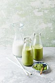 Banana and coconut milk smoothies with barley grass