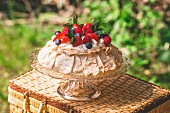 Pavlova with summer berries on a cake stand in a garden