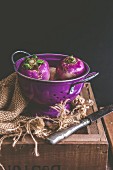 Turnips in a purple colander