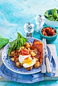 Vegetable hash with poached eggs