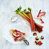 A slice of gluten-free, vegan rhubarb cake on a cake stand