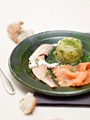 Cucumber aspic with smoked trout and smoked salmon