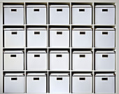 Storage boxes on shelves