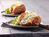 Stuffed sweet potatoes with chive sour cream and bean sprouts